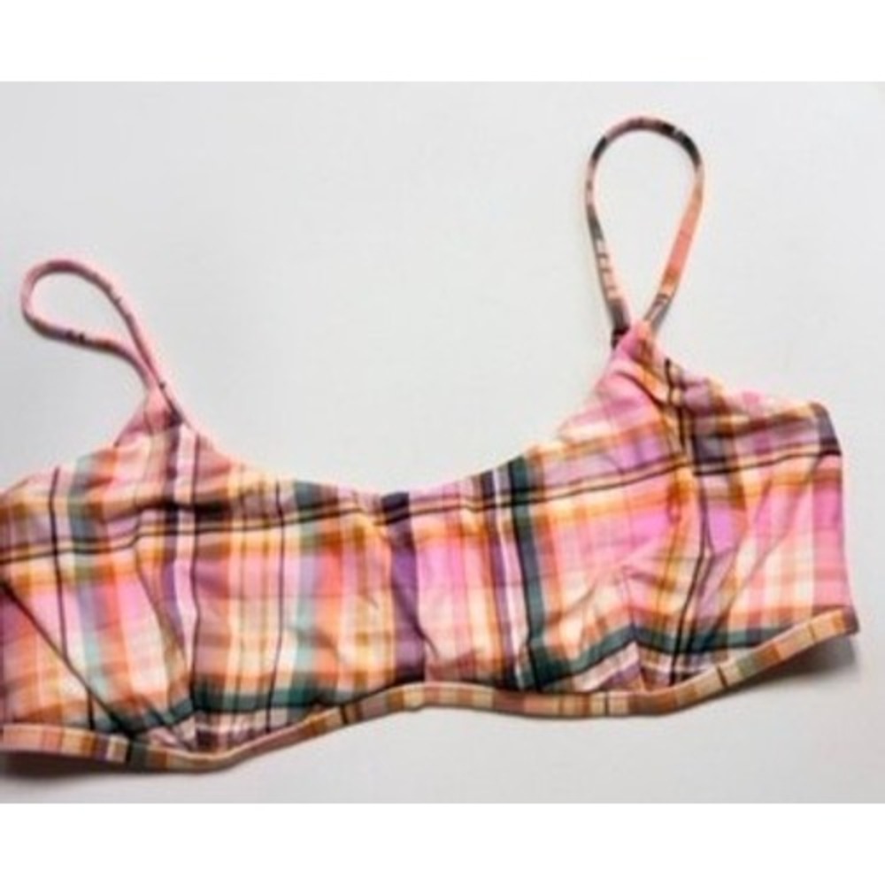 Monte and Lou Plaid Bikini Top Womens Small Pink Check Resort Swimwear